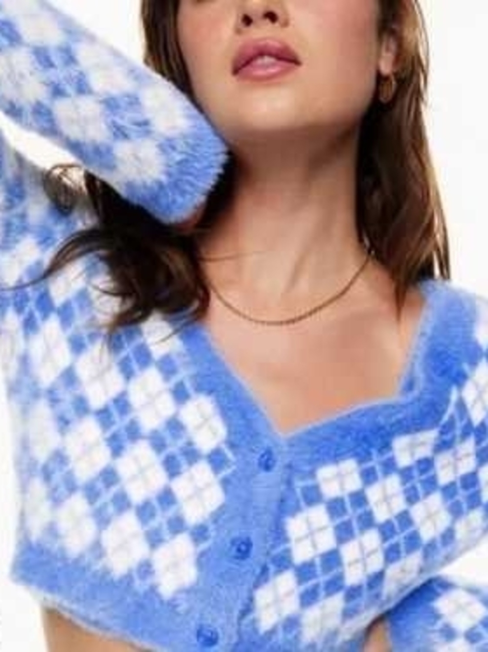 NWOT Aritzia Sunday Best Reese Fuzzy Cardigan - Blue Argyle Size M